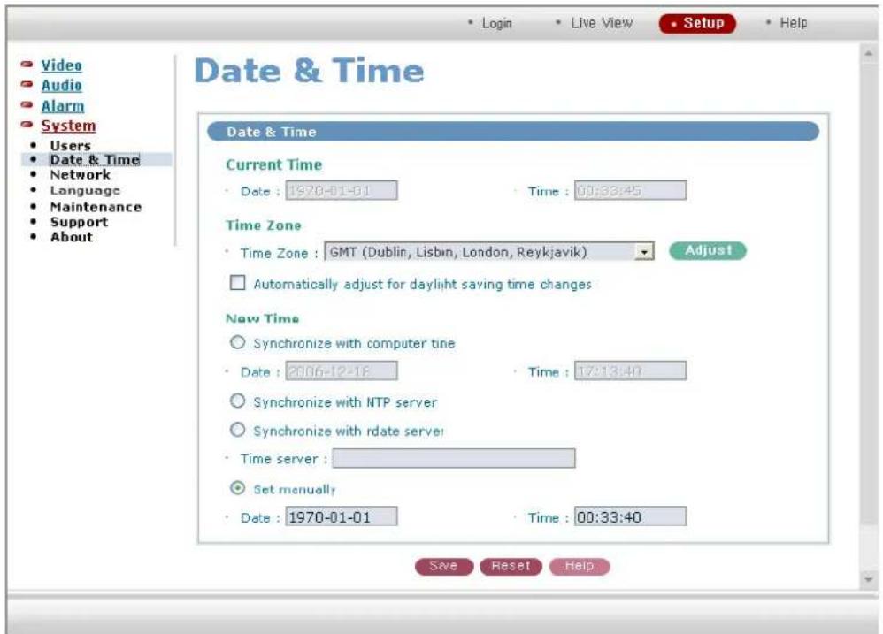Date & Time Date & Time Current Time Date : 1970-01-01 Time : 00:33:45 Time Zone Time Zone : GMT (Dublin, Lisbin, London, Reykjavik) Adjust Automatically adjust for daylight saving time changes New Time Synchronize with computer time Date : 2006-12-18 Time : 17:13:40 Synchronize with NTP server Synchronize with rdate serve! Time server : Set manually Date : 1970-01-01 Time : 00:33:40 Save Reset Help