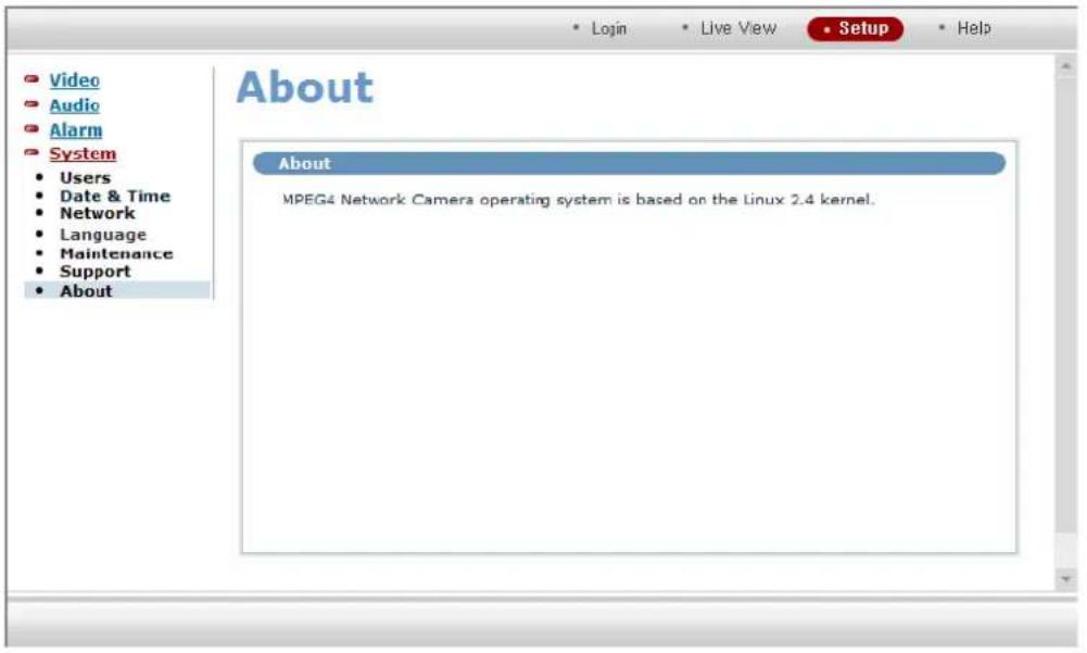 Video Audio Alarm System Users Date & Time Network Language Maintenance Support About About MPEG4 Network Camera operating system is based on the Linux 2.4 kernel.