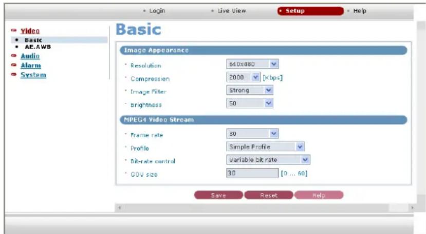Basic Image Appearance Resolution 640x480 Compression 2000 [×bps] Image Filter Strong Brightness 50 MPEG4 Video Stream Frame rate 30 Profile Simple Profile Bit-rate control Variable bit rate GOV size 30 [0 ... 60] Save Reset Help