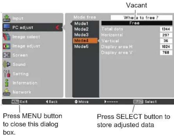 Input PC adjust Image select Image adjust Screen Sound Setting Information Network Mode free Mode1 Mode2 Mode3 Mode4 Mode5 Static dots Horizontal Vertical Display area H Display area V Where to free ? Free 1344 297 36 1024 768 VACU Exit Back Move SELECT Select Press MENU button to close this dialog box. Vacant Press SELECT button to store adjusted data