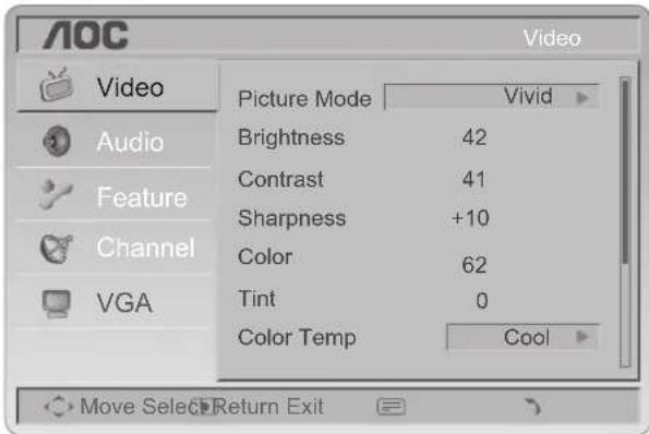 AOC Video Picture Mode Vivid Brightness 42 Contrast 41 Sharpness +10 Color 62 Tint 0 Color Temp Cool Audio Feature Channel VGA Move Select Return Exit