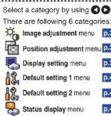 Select a category by using There are following 6 categories: Image adjustment menu p.3 Position adjustment menu p.3 Display setting menu p.3 Default setting 1 menu p.4 Default setting 2 menu p.4 Status display menu p.4