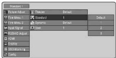 Standard 1 Picture Adjust Fine Menu 1 Fine Menu 2 Input Signal ROHSO Adjust IOAI Display RSD Benchmark Config Theses Default Standard 1 Dynamic Default User 1 Default 2 3