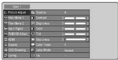 User 1 Picture Adjust Frame Format 1 Frame Format 2 Input Signal RGB/100 Adjust HCM Display BSS/Baming Gaming Gamma Command Opacity: 0 % Opacity: 0 % Color: 0 % Tint: 0 % Shrinkness: 0 % Color Temp: 3 Lamp Mode: Normal Trans: 1