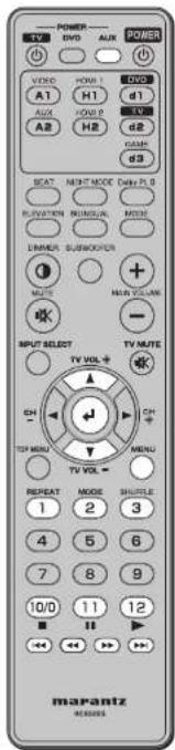 POWER TV DVD AUX POWER VIDEO H1 D1 A1 H1 AUDIO H2 RAMP BEAT RIGHT MODE Delay P/S RUNNING RUNNING MODE LIMMER SUBMOODER Multi MINI VOLUME INPUT SELECT TV VOL + EN CH TCP MENU MENU TV VOL - REPEAT MODE STRULE 1 2 3 4 5 6 7 8 9 10/0 11 12 << >> >> >> marantz RC50005