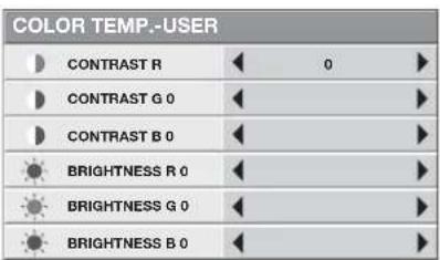 COLOR TEMP.-USER CONTRAST R 0 CONTRAST G 0 CONTRAST B 0 BRIGHTNESS R 0 BRIGHTNESS G 0 BRIGHTNESS B 0