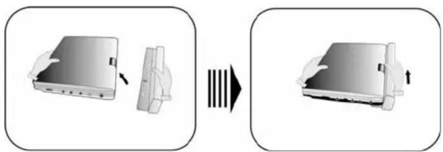 Diagram showing device change from a front panel to a rear panel, with arrows indicating movement and vertical stripes.