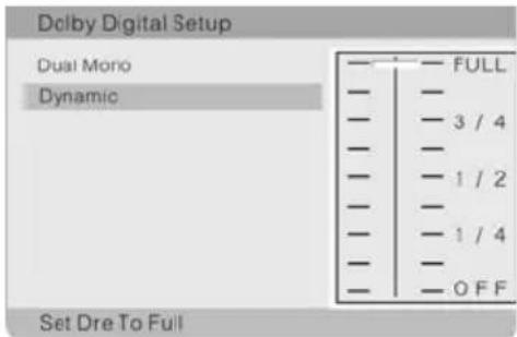 Dolby Digital Setup Dual Mono Dynamic FULL 3 / 4 1 / 2 1 / 4 OFF Set Dre To Full