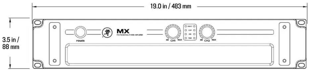 19.0 in / 483 mm 3.5 in / 88 mm POWER MX PANUCERIAL/PWOR AMPLIERS 00 CH1 MAX 00 CH2 MAX