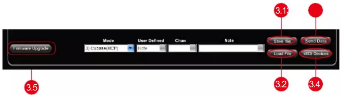 Firmware Upgrade Mode 3) Cutase(MCP) User Defined Note Chan Note 3.13 Save File Send Data Load File MIDI Devices 3.5 3.2 3.4