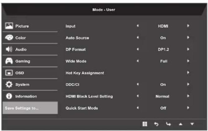 ACER Nitro RG270bmiix - Save Settings to..... (User mode only) - 2