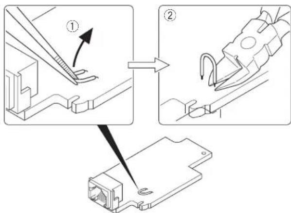 Technical diagram showing cable installation steps with labeled components and directional arrows