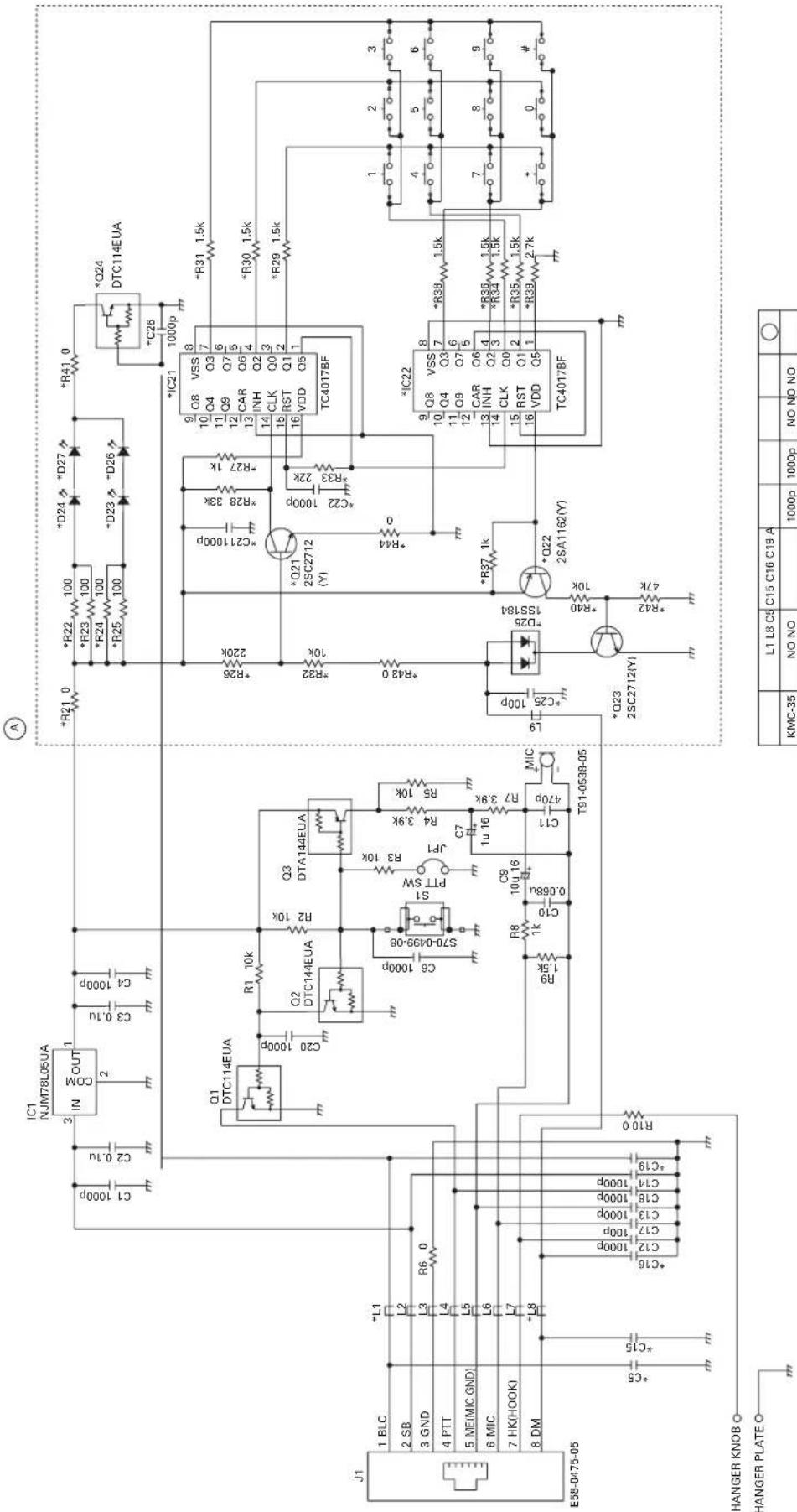 IC1 NJM78L05UA IN COM OUT C1 1000p C2 0.1u 2 3 C3 0.1u C4 1000p C1 1000p C2 0.1u 2 3 C3 0.1u 2 3 C4 1000p Q1 DTC114EUA C20 1000p R1 10k Q2 DTC144EUA R2 10k Q3 DTA144EUA R3 10k Q4 10k R5 10k S70-D499-08 C6 1000p JP1 C7 1u 16 R8 1k C9 10u 16 C10 0.088u C11 470p T91-0538-05 R9 1.5k R10 0.088u R2 3.9k R3 3.9k R4 3.9k R5 3.9k C6 1000p S1 PTT SW R7 3.9k C7 1u 16 C8 3.9k C9 10u 16 C10 0.088u R8 3.9k R9 1.5k R10 0.088u R26 220k R27 1k R28 33k R29 1k R30 1.5k R31 1.5k R32 1.5k R33 22k *Q21 2SC2712 (Y) *Q22 2SA1162(Y) *Q23 2SC2712(Y) *IC21 VSS Q8 VSS Q4 Q3 Q9 Q7 CAR Q6 INH Q2 CLK Q0 RST Q1 VDD Q5 TC4017BF *IC22 VSS Q8 VSS Q4 Q3 Q9 Q7 CAR Q6 INH Q2 CLK Q0 RST Q1 VDD Q5 TC4017BF *Q24 DTC114EUA *R21 0 *R22 100 *R23 100 *R24 100 *R25 100 *R26 220k *R37 1k *R38 1.5k *R39 2.7k *R44 0 *R43 0 *R37 1k *R36 1.5k *R35 1.5k *R39 2.7k