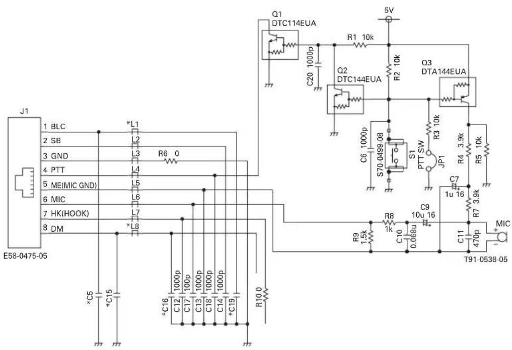 J1 E58-0475-05 1 BLC 2 SB 3 GND 4 PTT 5 MEIMIC GNDI 6 MIC 7 HK(HOOK) 8 DM *L1 *L2 *L3 *L4 *L5 *L6 *L7 *L8 *C5 *C15 *L1 L2 R6 0 C16 C12 1000p 100p 1000p 1000p 1000p C17 C13 C18 C14 C19 *R10 0 Q1 DTC114EUA C20 1000p Q2 DTC144EUA R1 10k R2 10k Q3 DTA144EUA C6 1000p S70-0499-08 S1 PTT SW JP1 C7 1u 16 R4 3.9k R5 10k C9 10u 16 R8 1k C10 0.068u C11 470p T91-0538-05 MIC