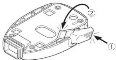 Technical diagram of a mechanical component with numbered parts and directional arrows indicating assembly or motion.