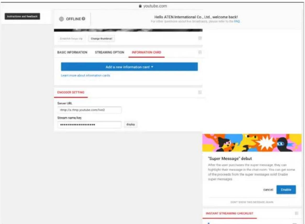 ATEN StreamLIVE HD UC9020 - Example Live-stream URL and Stream Key (Youtube) - 1