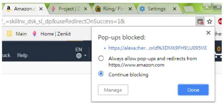Pop-ups blocked: • https://alexa.ther...orid%3DMK9FH91U095WI ○ Always allow pop-ups and redirects from https://www.amazon.com ● Continue blocking Manage Done