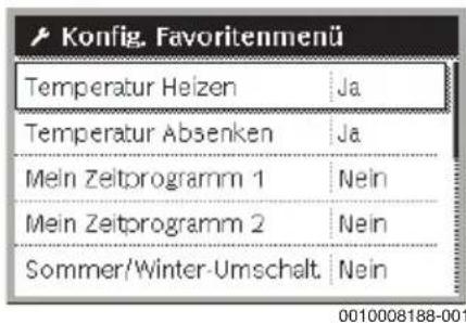 Konfig. Favoritenmenü Temperatur Heizen Ja Temperatur Absenken Ja Mein Zeitprogramm 1 Nein Mein Zeitprogramm 2 Nein Sommer/Winter-Umschalt Nein 0010008188-001