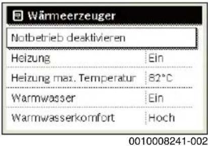 Wärmeerzeuger Notbetrieb deaktivieren Heizung Ein Heizung max. Temperatur 82°C Warmwasser Ein Warmwasserkomfort Hoch 0010008241-002