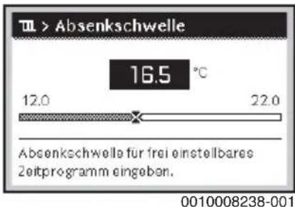 T > Absenkschwelle 16.5 °C 12.0 22.0 Absenkschwelle für frei einstellbares Zeitprogramm eingeben. 0010008238-001