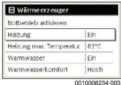 Wärmeerzeuger Notbetrieb aktivieren Heizung Ein Heizung max. Temperatur 82°C Warmwasser Ein Warmwasserkomfort Hoch 0010008234-003