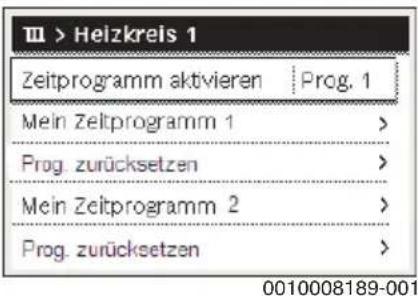 Ⅲ > Heizkreis 1 Zeitprogramm aktivieren | Prog. 1 Mein Zeitprogramm 1 > Prog. zurücksetzen > Mein Zeitprogramm 2 > Prog. zurücksetzen >