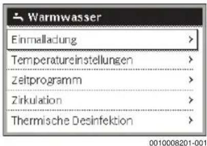 Warmwasser Einmalladung > Temperatureinstellungen > Zeltprogramm > Zirkulation > Thermische Desinfektion >