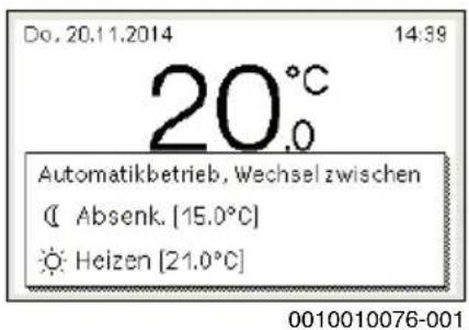 Do. 20.11.2014 14:39 20.0°C Automatikbetrieb, Wechsel zwischen ( Absenk. [15.0°C] Heizen [21.0°C] 0010010076-001