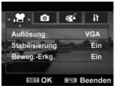 Auflösung Stabilisierung Beweg.-Erkg. VGA Ein Ein SET OK Beenden