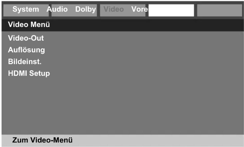 System Audio Dolby Video Vore Video Menü Video-Out Auflösung Bildeinst. HDMI Setup Zum Video-Menü