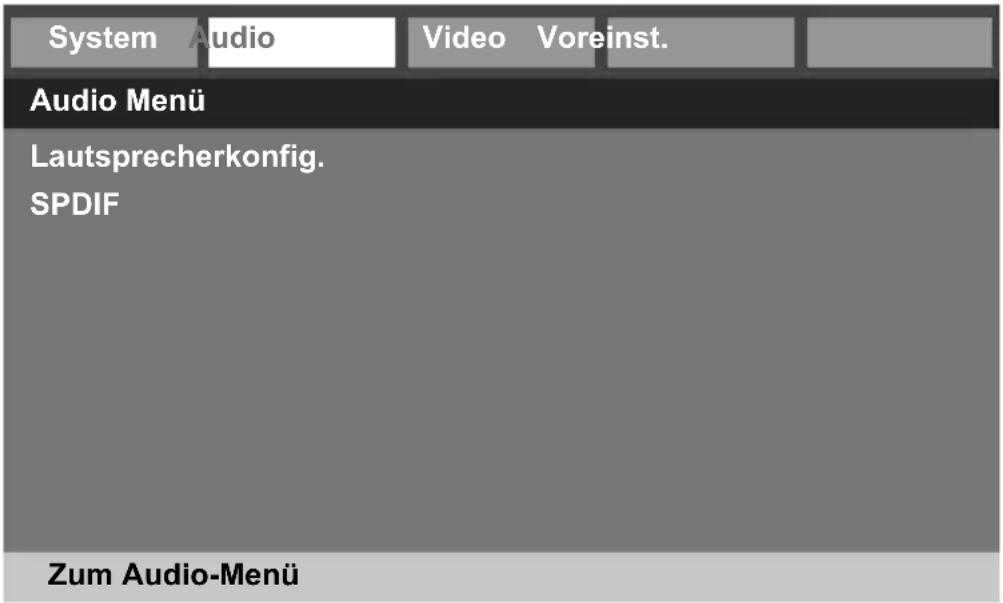 System Audio Video Voreinst. Audio Menü Lautsprecherkonfig. SPDIF Zum Audio-Menü