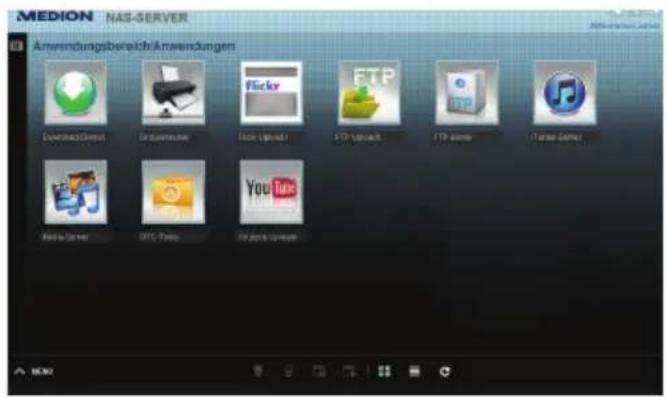 MEDION NAS-SERVER Anwendungsbereich Anwendungen DownloadGreet Grassnote Flickr FTP upload FTP access iTase game1 Red to Green UTC - Time YouTube