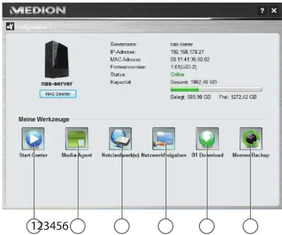 MEDION Configuration - nas-server NAS Seeker Servername: nas-server IP-Adresse: 192.168.178.27 MAC Adresse: 00:11:41:36:00:02 Firmwareversion: 1.01(UZD.2) Status: Online Kapazität: Gesamt: 1862,40 GB Belegt: 589,98 GB Frei: 1272,42 GB Meine Werkzeuge Start-Center Media Agent Netzlaufwerk(e) Netzwerkfeigaben BT Download Memeo Backup 123456