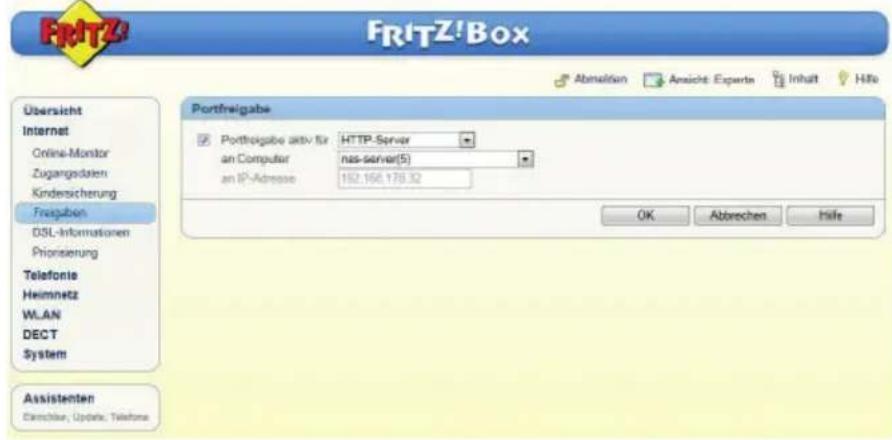 FRTZ!Box Abmaltion Ansicht Experte Inhalt Hife Übersicht Internet Online-Monitor Zugangsdaten Kindersicherung Freigaben DSL-Informationen Priorisierung Telefonie Heimnetz WLAN DECT System Assistenten Einrichter, Update, Telephone Portfreigabe Portfreigabe aktiv für HTTP-Server an Computer nas-server(5) an IP-Adresse 162.166.178.32 OK Abbrechen Hife