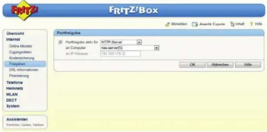 FRTZ!Box Abmelden Ansicht Experte Inhalt Höfe Übersicht Internet Online-Monitor Zugangsdaten Kindersicherung Freigaben DSL-Informationen Priorisierung Telefonie Heimnetz WLAN DECT System Assistenten Einzeln, Update, Telephone Portfolgabe aktiv für an Computer an IP-Adresse HTTP-Server nas-server(5) 192.168.178.32 OK Abbrechen Höfe