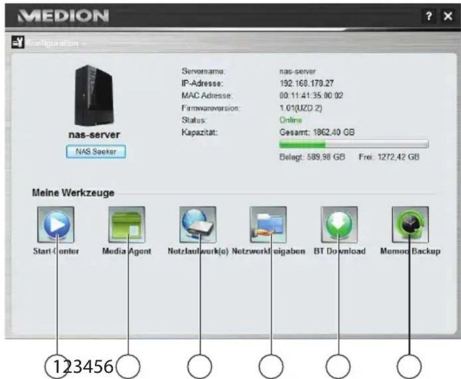 MEDION Configuration nas-server NAS Seeker Servername: nas-server IP-Adresse: 192.168.179.27 MAC Adresse: 00:11:41:35:00:02 Firmwareversion: 1.01(UZD 2) Status: Online Kapazität: Gesamt: 1862,40 GB Belegt: 589,98 GB Frei: 1272,42 GB Meine Werkzeuge Start-Center Media Agent Netzlauwerk(e) Netzwerkfeigaben BT Download Memo Backup 123456