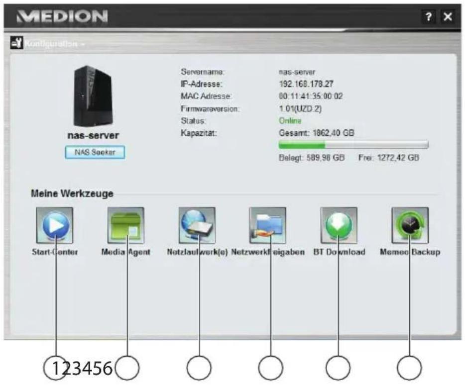 MEDION configuration - nas-server NAS Seeker Servername: nas-server IP-Adresse: 192.168.178.27 MAC Adresse: 00.11:41:35:00:02 Firmwareversion: 1.01(UZD.2) Status: Online Kapazitat: Gesamt: 1862,40 GB Belegt: 589,98 GB Frei: 1272,42 GB Meine Werkzeuge Start-Center Media Agent Netzlaufwerk(e) Netzwerkfreigaben BT Download Memeo Backup 123456