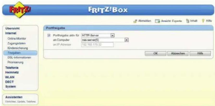 FRITZ! FRITZ!Box Abmation Ansicht: Experts Inhalt Hifa Übersicht Internet Online-Monitor Zugangsdaten Kindersicherung Frisigaben DSL-Informationen Phonserung Telefonie Heimnetz WLAN DECT System Portfolgabe aktiv für HTTP Server an Computer nss-server(5) an IP-Adresse 192.168.178.32 OK Abbrechen Hifa Assistenten Einrichter, Update, Telephone