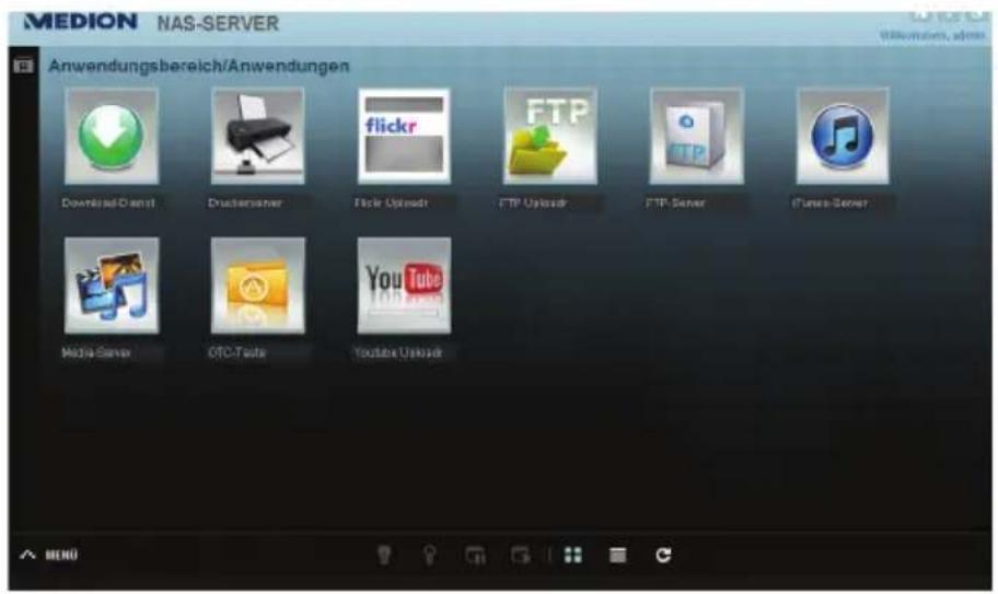 MEDION NAS-SERVER Anwendungsbereich/Anwendungen Download Client Druckserver flickr Uploads FTP Uploads FTP Server iTunes Server Media-Server OTC-Toile YouTube Uploads