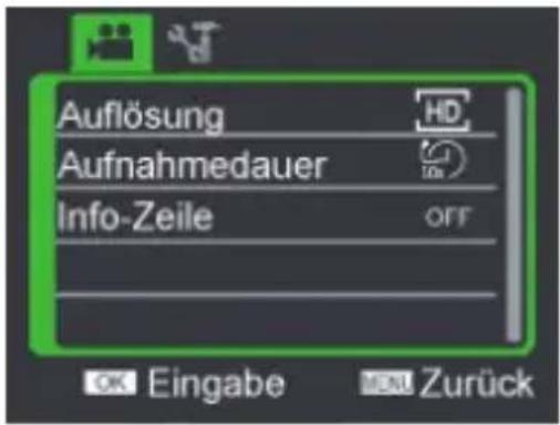 Auflösung Aufnahmedauer Info-Zeile OFF OK Eingabe MEN Zurück