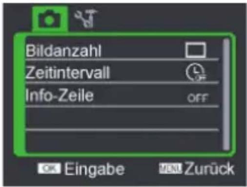 Bildanzahl Zeitintervall Info-Zeile OFF OK Eingabe MENI Zurück