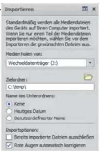 Importieren Standardmäßig werden alle Mediendateien des Geräts auf Ihren Computer importiert. Wenn Sie nur einen Teil der Mediendateien importieren möchten, wählen Sie vor dem Importieren die gewünschten Dateies aus. Medien hohen vor: Wechseldatenbräger (J:) Zielordner: C:\temp\ Name des Unterordners: Keine Heutiges Datum Bezutzerdefinierter Name Importoptionen: Bereits importierte Dateien ausschließen Rate Augen automatisch korrigieren