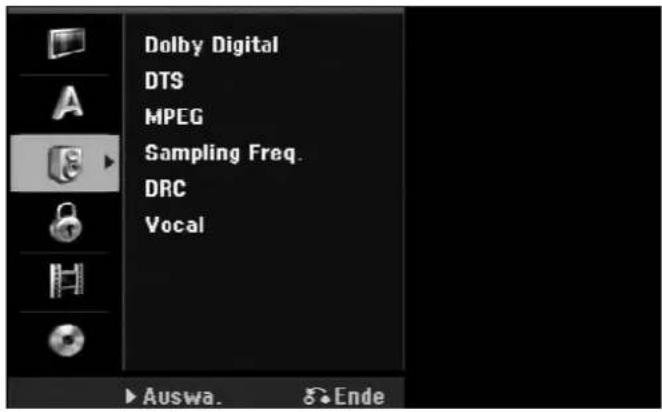 Dolby Digital DTS MPEG Sampling Freq. DRC Vocal Auswa. Ende
