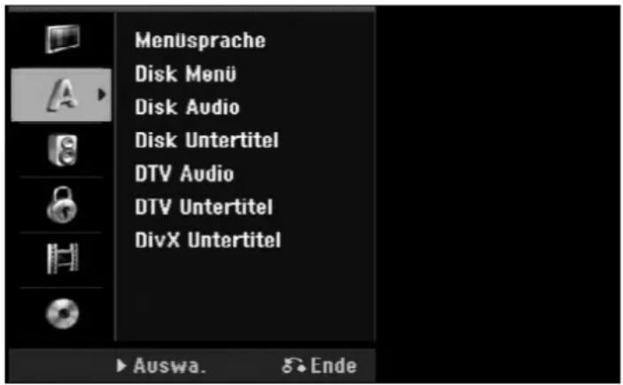 Menüsprache Disk Menu Disk Audio Disk Untertitel DTV Audio DTV Untertitel DivX Untertitel Auswa. Ende