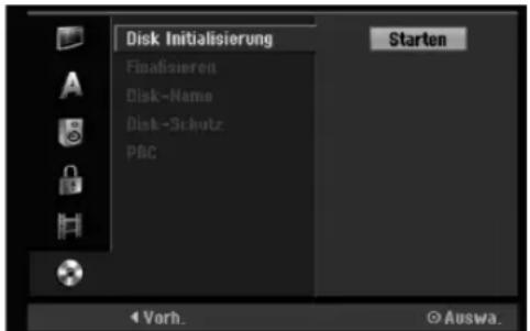 Disk Initialisierung Finalisieren Disk-Name Disk-Schutz P&C Starten Vorb. Auswa.