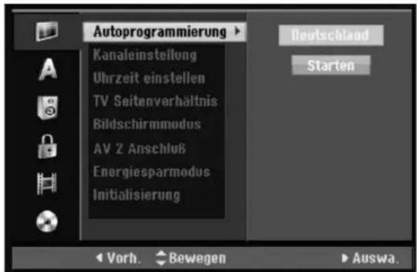 Autoprogrammierung Kanaleinstellung Uhrzeit einstellen TV Seitenverhältnis Bildschirmmodus AV 2 Anschluß Energiesparmodus Initialisierung Deutschland Starten Vorh. → Bewegen → Auswa.