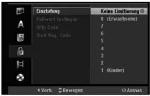 Einstufung Keine Limitierung Paßwert fennlagen 8 (Erwachsene) Orls Code 7 DivX Reg. Code 6 5 4 3 2 1 (Kinder) Verb. Bewegen Auswa.