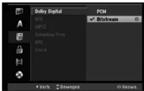 Dolby Digital PCM OTS MPEG Sampling Freq DRC Vocal Bitstream Vorb Bewegen Auswa.
