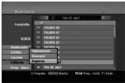 Musiklaste File 01.mp3 Footplatte FOLDER 00 FOLDER 01 FOLDER 02 FOLDER 03 Wiedersabe Unbekunden 5 Loschen Bowegen 6 Editieren Kapieran -3 Pregr. Juzone File 02.mp3 Empache Marko OK/OK Prog -Liste 1. Endo