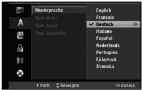 Menüsprache Disk Menu Disk Audio Disk Untertitel English Français ✓ Deutsch Italiano Español Nederlands Português Ελληνικά Svenska Vorh. Bewegen Auswa.